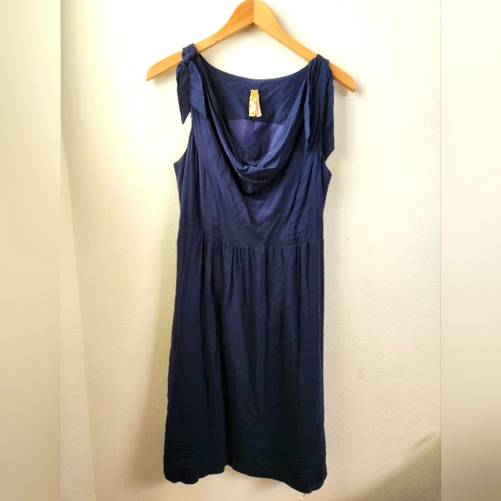 Maeve Anthropologie Dress Navy Drape‎ Neck Sleeveless Shift Knee Length Size 4